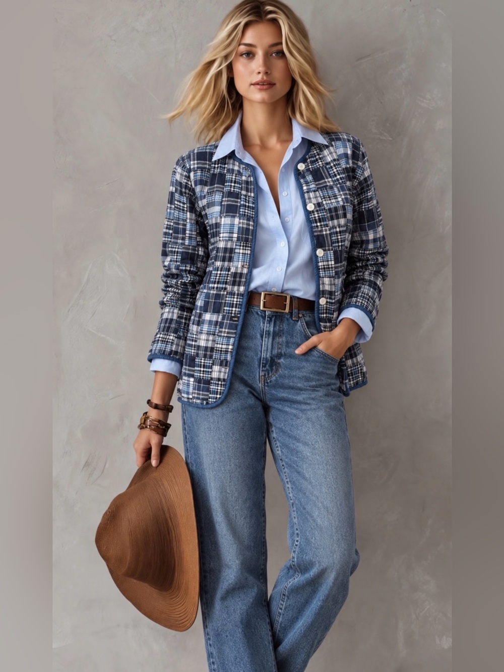 Madras Patchwork Plaid Stonybrook Blue Quilted 100% Cotton Jacket